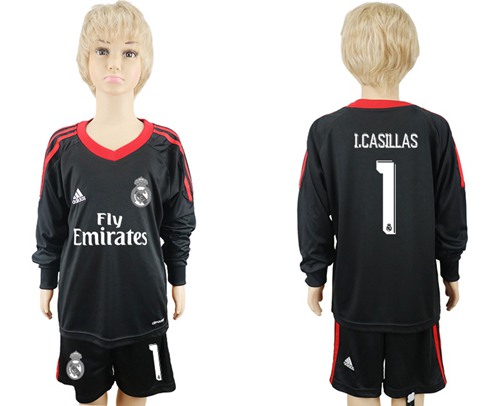 Real Madrid #1 I Casillas Black Goalkeeper Long Sleeves Kid Soccer Club Jersey